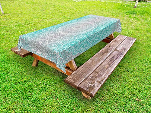 ABAKUHAUS Grau und Türkis Outdoor-Tischdecke, Ombre Ethnic, dekorative waschbare Picknick-Tischdecke, 145 x 210 cm, Türkis Grau