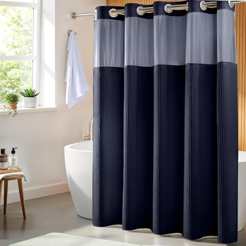 River Dream Cotton Blend Fabric Shower Curtain Set with Liner, Navy, 71x74