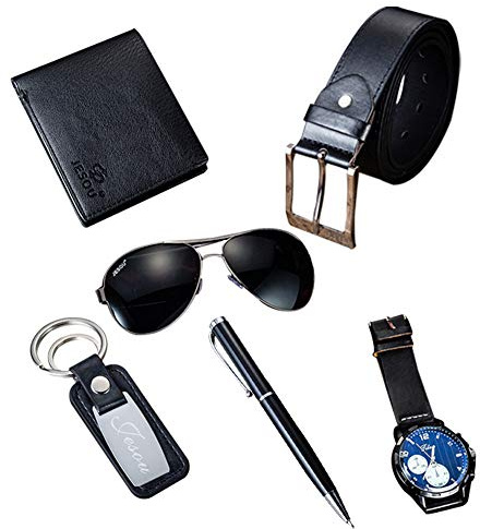 Baojulong Belt Men Leather Black Set with Wallet Keychain Ballpoint Pen Sunglasses Watch Set for Men, Birthday Gifts for Boyfriend Husband Dad, Valentines Day Gifts for Him