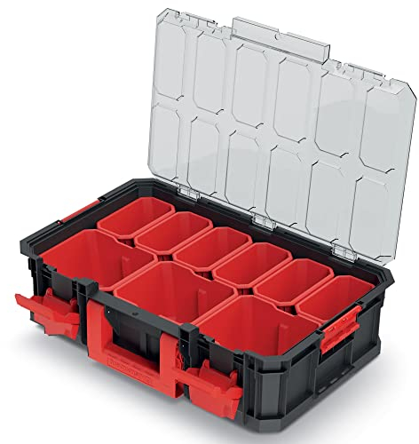 Kistenberg Sortimentskasten Sortimentsbox Werkzeugkiste Kleinteile Organiser (mit 9x Einsatz Boxen, stapelbar, Metallscharniere, transparenter Deckel, Modular Solution 517 x 331 x 134 mm)