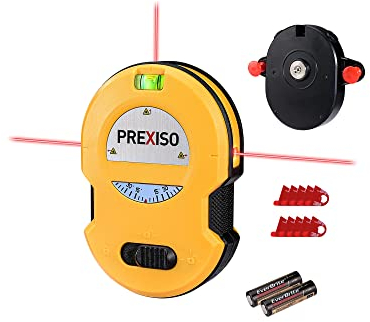 PREXISO Niveau Laser Linéaire 10M avec 1 Bulle Auxilliaire et Angle de Référence：15°≤N°≥75° Ligne Laser Multi-Surfaces avec Base de Montage Mural, Opération par un Bouton, Piles AA incluses