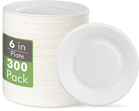 Vplus 100% Compostable Small Paper Plates, 300 Pack 6 Inch Disposable Paper Plates, Uncoated Biodegradable, Made of Sugar Cane Fibers, Perfect for Sandwich, Cake, and Snack