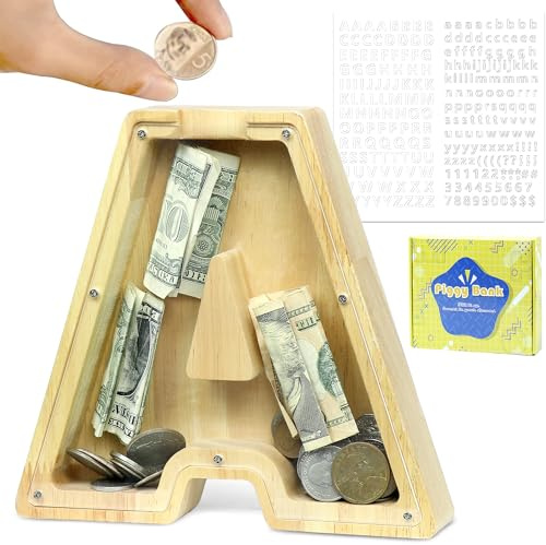 LEcylankEr Spardose Kinder Personalisierte A-Z Alphabet Sparbüchse Holz Spardose Dekoration Kreative groß Sparschwein als Geschenke für Geburtstag, Weihnachten und Thanksgiving (A)