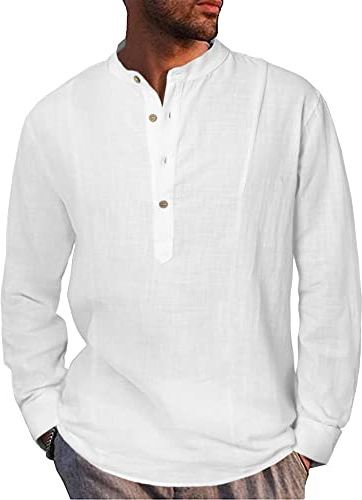 LVCBL Camisa Henley de manga larga de algodón y lino para primavera y verano, camisa informal de corte regular, camiseta informal, Blanco, L