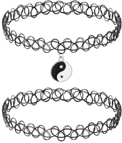 DIVINA VITAE 2 Pcs Black Tattoo Choker Necklace Set for Woman Stretchy Henna Jewelry 90s Choker Necklace Accessories for Women Teen Girls Kids - Black Pendant Charm for Jewelry Gift Summer Style