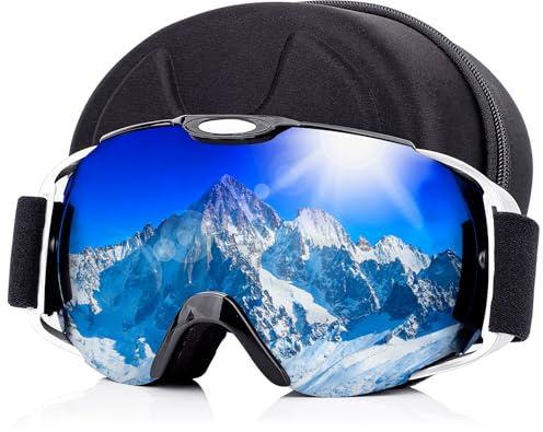BOBILIFE Occhiali da sci da neve con custodia portatile per uomo e donna, compatibili con casco per adulti, anti-appannamento e antigraffio, lenti a doppio strato UV al 100%, per snowboard e sci