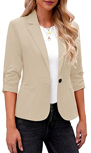 Roskiky Blazer Femme Élégant Veste Femme Chic Manches 3/4 Blazer Business Décontracté Tenues Pour Le Travail, kaki, XS