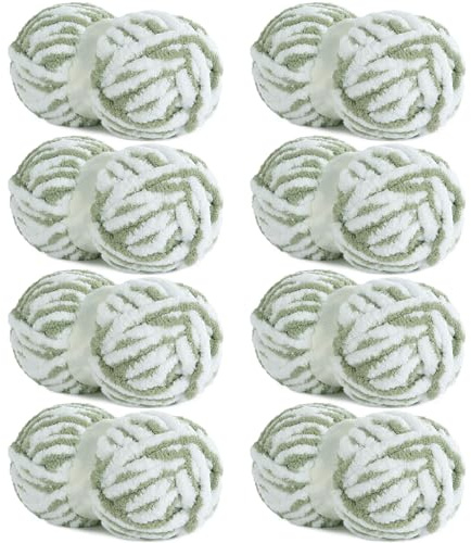 HOMBYS Bulky Fulffy Chunky Chenille Yarn for Hand Knitting,Soft Lightweight Large Thick Jumbo Yarn for Chunky Blanket,8 Pack,White & Sage Green(253.6 yds,64 oz)