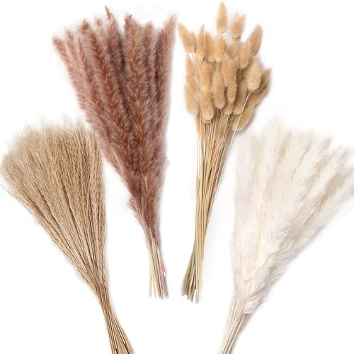 ZJTAPE Dried Pampas Grass 110 Pcs - Natural Dried Flowers, Decoration Bouquet, Pampas Grass Fluffy Fronds, Reed Grass, Bunny Tails Bouquet, Boho Decor Bouquet for Wedding Flower Arrangement Home Decor