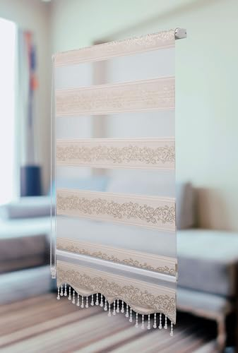 PlisseeOnline Doppelrollo Klemmfix ohne Bohren Gold Silber mit Muster und Perlen Duo Rollo für Fenster und Türen Plissee Rollo Gardine 70 x 200 cm Blickdicht Klemmrollo mit Perlen Seitenzugrollo