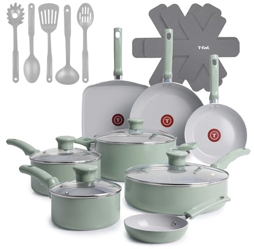 T-Fal Refresh Ceramic Nonstick Cookware Set, 20-Piece, Oven Safe to 350°F, Stockpot, Ceramic Pots and Pans Set, Frying Pans, Griddle, Utensils, Mint Green