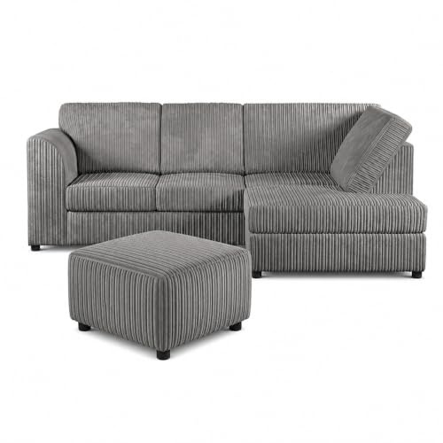 Right Hand Corner Sofa - Jumbo Cord L Shaped Sofas for Living Room with Thick Luxury Fixed Back Rest Cushioning | Sectional Couches Lounge Sofa Grey