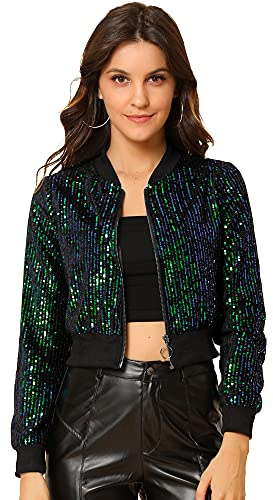 Allegra K Damen Pailletten Jacke Glitzer Blazer Langarm Reißverschluss Crop Sequin Bomberjacke