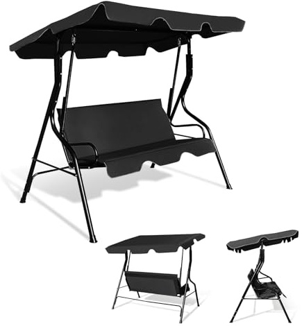 KOMFOTTEU Hollywoodschaukel 3 Sitzer, Schaukelbank mit Verstellbarem Sonnendach, Gartenschaukel Hängebank mit Stahlrahmen, Schaukelstuhl 200kg belastbar, 172x110x154 cm (Schwarz)
