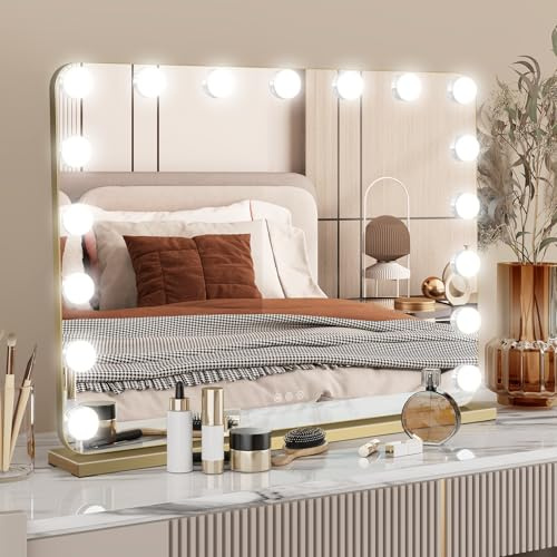 YU YUSING Hollywood Schminkspiegel mit Beleuchtung 80x60cm, 18 LED-Licht | Kosmetikspiegel 3 Modi, Vanity Spiegel Tischspiegel Wandspiegel mit USB 10X Vergrößerung für Schlafzimmer Schminktisch, Gold
