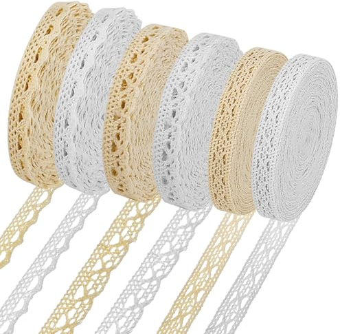 6 Rolls Lace Border Ribbon, Pattern Fabric Lace Ribbon, Vintage Lace Ribbon, Vintage Cotton Lace Trim, Decorative Crochet Lace with Double-Sided Tape, Edge Trimming Ribbon for Sewing Scrapbooking