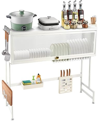 Escurridor de vajilla sobre fregadero con puerta magnética, escurridor de platos de cocina acero inoxidable, resistente y resistente a las caídas, ahorra espacio y embellece la cocina, negro blanco