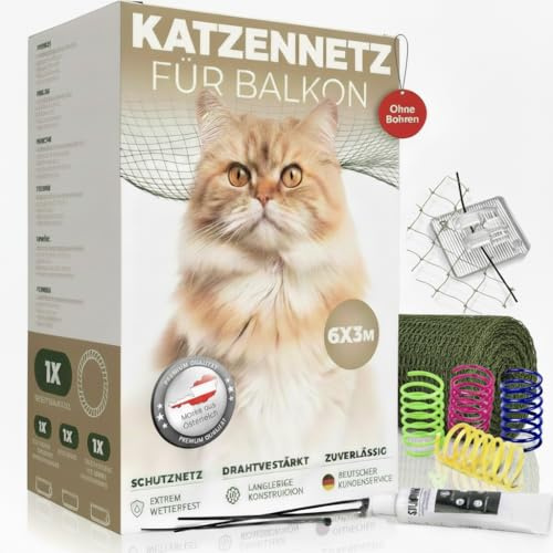 WOOWOOD Katnät för balkong (utan borrning) – med självhäftande krok och silikonlim – trådförstärkt – kattskyddsnät väderbeständigt – kattnät fönster kattnät – kattnät balkong (6 x 3 m)