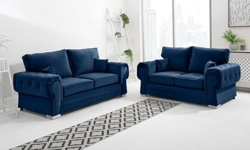 Sofahub Verona Blue Plush Velvet Fabric 3+2 Seater Sofa Set | Modern Living Room Sofa Set | Premium Upholstered Couch | Foam Cushions | Modern 3 and 2 Seater Couch Set (Blue, 3 + 2 Seater)