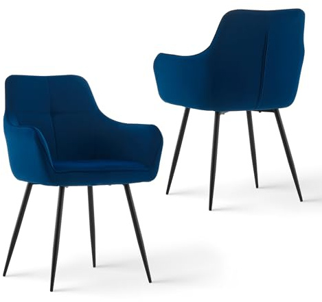 CLIPOP Samt Küchenstühle 2er Set, Esszimmerstühle Polsterstuhl Esszimmer Stuhl, Sitzfläche mit Rückenlehne und Metallbeine (Blau, 2er Set)