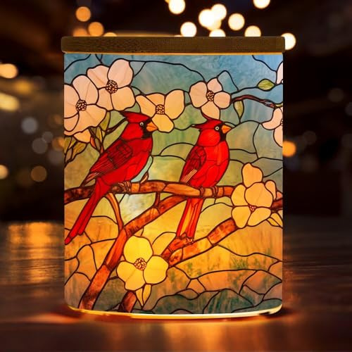 EcoDuck Stained Glass Cardinal Bird Tea Light Holders Jar,Battery Operated Floral Tealight Candle Holders with Bamboo Lid,Inspiration Home Decoration