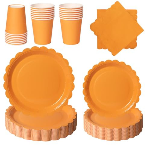 PYAILI Stoviglie per Feste 96 Pezzi Arancione Festa della Addobbi Ragazza di Compleanno dei Dambini Articoli per Feste Set Include Piatto Carta Party Tazze Tovaglioli -24 Ospiti