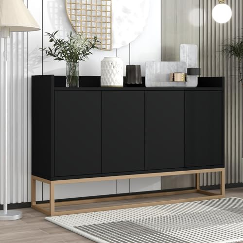 YNYHTER Sideboard modern skänk för vardagsrum, 120 x 30 x 80 cm, sidovägg, entré, kökstillbehör, med 4 dörrar, förvaringsskåp (svart)