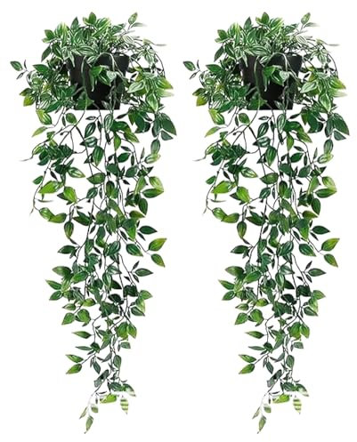 2 Stück Künstliche Pflanzen,Hängepflanzen Künstlich,Hängend Farne Kunstblumen Kunststoff artificial kunstpflanzen für wanddeko hanging fake plants Wohnzimmer Küche Balkon Deko zimmer gaming setup