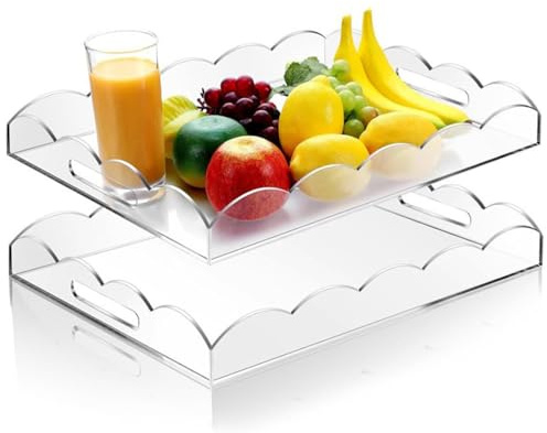Lot de 2 plateaux de service en acrylique transparent avec bord festonné, 40,6 x 30,5 x 5,1 cm