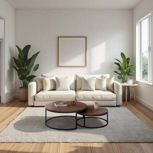 Table basse ronde extensible et table d'appoint – Plateau en bois de noyer à 2 niveaux avec cadre en acier au carbone robuste pour salon et chambre à coucher