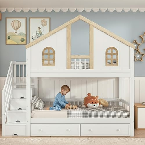 Oslghy Etagenbett Kinderbett 90x200 cm, Hochbett mit Stauraum Treppe und Schubladen, Modern Baumhaus Bett Bettgestell für 2 Kinder mit Fenster, Rausfallschutz und Lattenrost, Weiß+Natur,Ohne Matratze