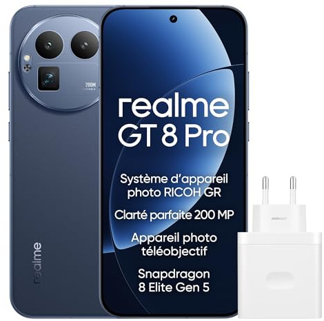 realme GT 8 Pro Smartphone 12GB+256GB, Système d’Appareil Photo RICOH GR, Clarté Parfaite 200 MP Appareil Photo téléobjectif, Snapdragon 8 Elite Gen 5, Batterie Titan de 7 000 mAh, Bleu