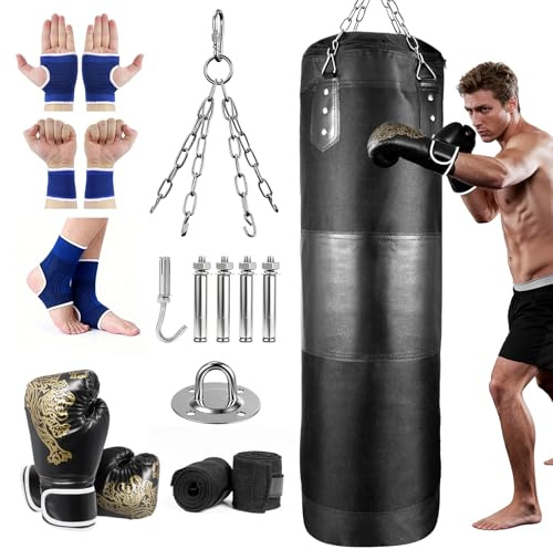 wowspeed Boxsack Hängend für Erwachsene, 100cm Ungefüllter Box Sack für Zuhause, Sandsack Boxen mit Boxhandschuhen, Wraps, Kette, Deckenhaken für Boxen, Kickboxen, MMA, Muay Thai, Karate, Taekwondo