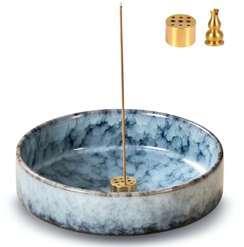 Fluvie 5.9 Ceramic Incense Holder with 10 Holes,5in1 Incense Tray for Sticks,Coil,Cone,Sage,Palo Santo,Handcrafted Burner Ash Catcher Smudge Bowl for Yoga Meditation Energy Cleansing Room Décor,Blue