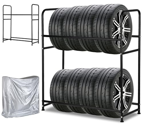 Peviasot Däckhylla, 1 st höjdjusterbart däckställ, kan hålla 8 däck, fälgstativ 2 lager, flyttbart däckstativ med däckskydd, 180 kg lastkapacitet, för garage, källare