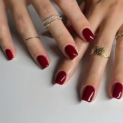 Press on Nails Weinrote, Nägel zum Aufkleben Rot Einfarbig, 24 Stück Kurz Glänzende Künstliche Fingernägel zum Aufkleben, Full Cover Fake Nails für Frauen, Red Acryl Nägel, Stick On Nail Art