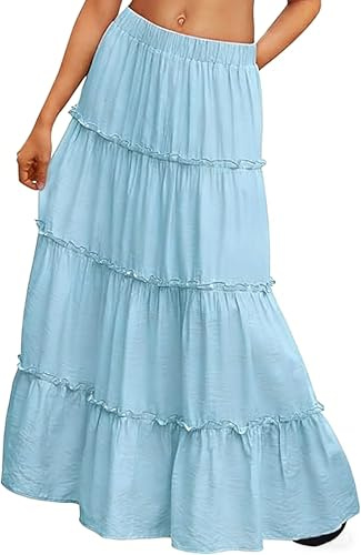 BEWECASU Women Vacation Outfits Long Skirts Boho Maxi Skirt Elastic High Waist Dress with Pockets