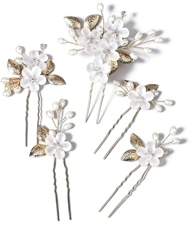 YIPFEN Set di 5 accessori per capelli da sposa, forcine dorate con fiori e punti luce per donne e ragazze