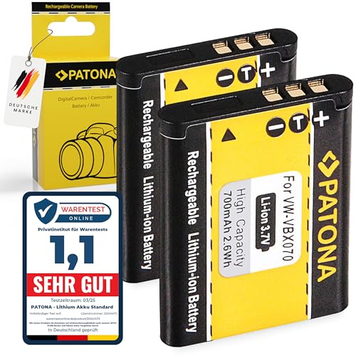 PATONA 2X Akku Ersatz für Panasonic VW-VBX070, VBX070E, Toshiba PX1686, Sanyo DB-L80, DB-L80A, Pentax D-Li88, Kompatibel mit Panasonic HX-DC1, HX-DC2, HX-DC3, HX-DC10, HX-DC15, HX-WA10