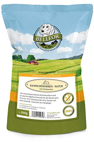 Bellfor - Kaninchenohren ohne Fell - 200 g. Kausnacks für Hunde zur Unterstützung gesunder Zähne bei Welpen und Senioren. Leicht verdaulich. Hundeleckerli für das Hundetraining.