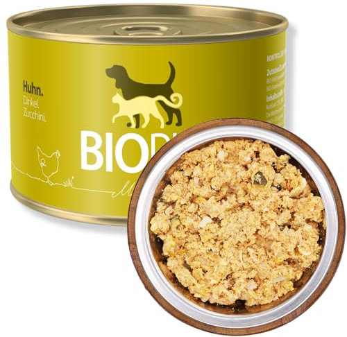 BIOPUR Bio Hundefutter Huhn, Dinkel & Zucchini – 12x400g Nassfutter – 100% Bio-Lebensmittelqualität – Natürliches Alleinfuttermittel für Hunde