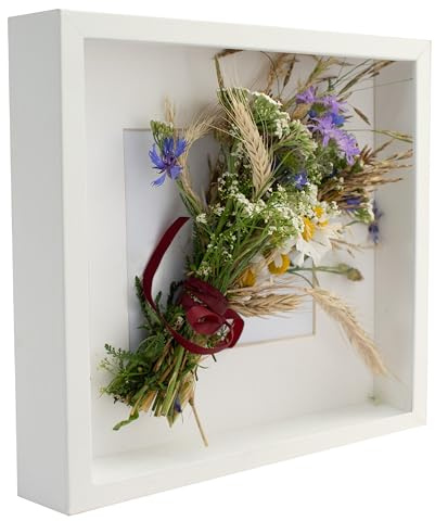 BD ART Box 3D Objektrahmen 23x23 cm (25x25) Bilderrahmen mit Passepartout 13x13 cm, Quadratische Weiß zum befüllen, tiefer für objekte, suvenirs 3 cm, für Wandbehang oder Desktop