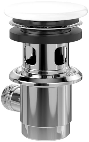 Villeroy & Boch avloppsventil med bräddavlopp, låsbar ventil för tvättställ, avloppssats av mässing med keramiskt lock, diameter 32 mm, tillbehör badrum, vit alpin