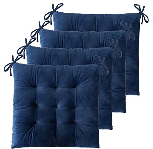 ELFJOY 4 Pack Chair Cushions for Dining Chairs Chair Pads Cushion for Kitchen Office Tufted Square Seat Cushion with Ties (16 Navy Velvet)