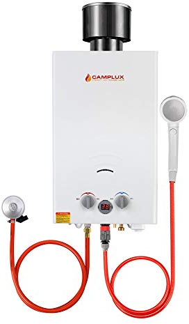 CAMPLUX BW264C Gasdurchlauferhitzer 10 Liter mit Regendeckel, Propangas (37mbar)/ Butangas (28-30mbar), für Camping, Wohnmobil, Pferdewäschee