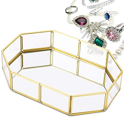 HERCHR Vintage Spiegel Tablett Schmuck Tablett, Verspiegelt Deko Tablett Spiegel Tablett, Spiegeltablett Gold, Verspiegelt Metall Deko Tablett 20.5 X 14.2 X 4.2 Cm