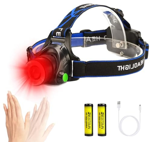 XLENTGEN Lampe Frontale LED Rechargeable 800 Lumens Lampe Frontale Rouge avec Capteur de Mouvement & 3 Modes, Lampe Torche Frontale de Lumière Rouge pour Chasse, Pêche, Astronomie