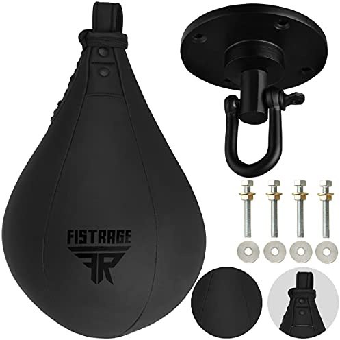 FISTRAGE Speed Ball Boxing Leather MMA Muay Thai Training Punching Dodge Striking Bag Kit Hanging Swivel Workout Speedball Kicking Platform (Black)