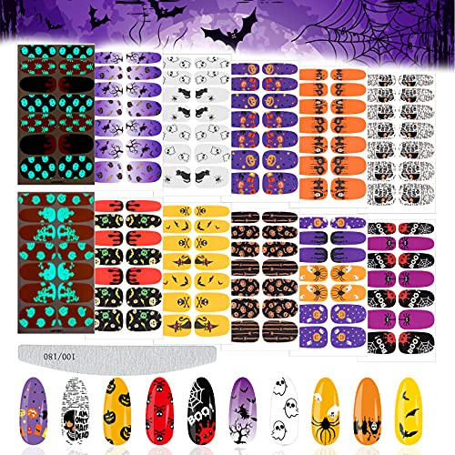 EBANKU 12 Blatt Halloween Nagelsticker Luminous mit Nagelfeile | Selbstklebende Nagelfolie Maniküre Sticker Kürbis für Frauen Mädchen Party Nail Art Dekoration