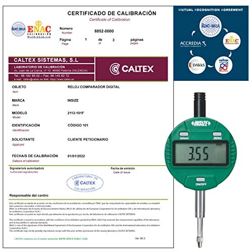 Reloj Comparador digital INSIZE 2112-101F - Reloj Comparador Calibrado ENAC - Incluye Certificado de Calibración Acreditado